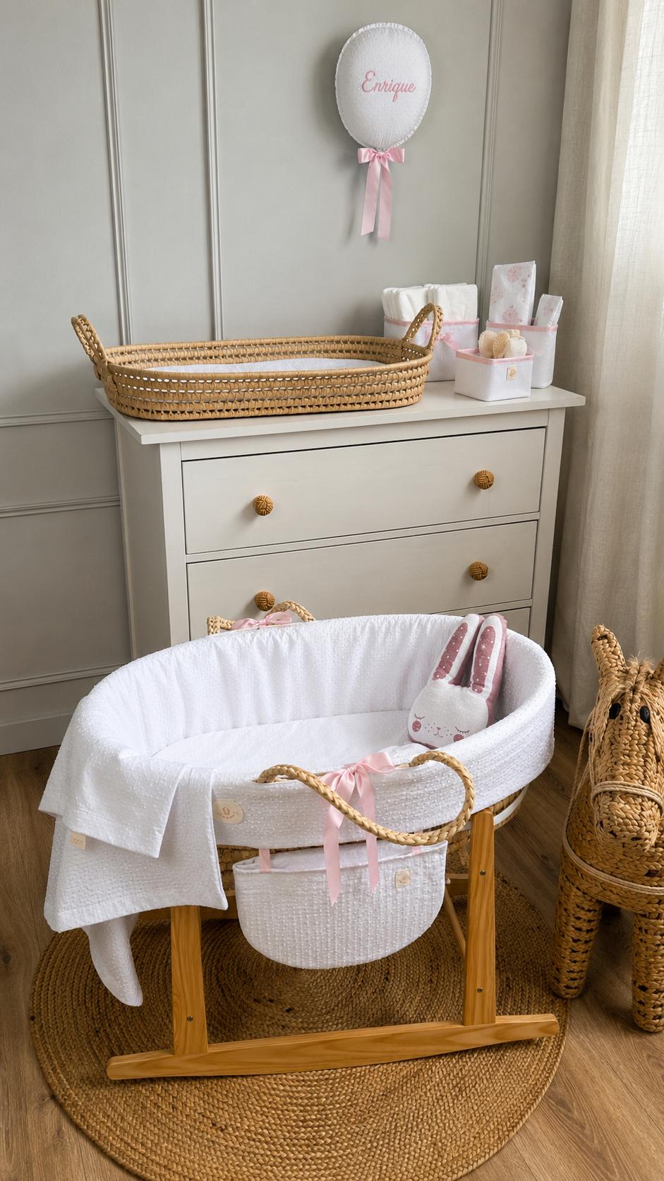 PACK MOISES COMPLETO 4 ARTICULOS PLUMETI BLANCO LAZO ROSA