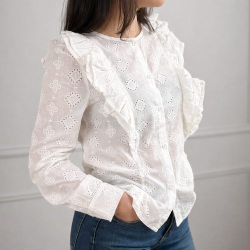 CAMISA BLANCA BORDADA VOLANTES